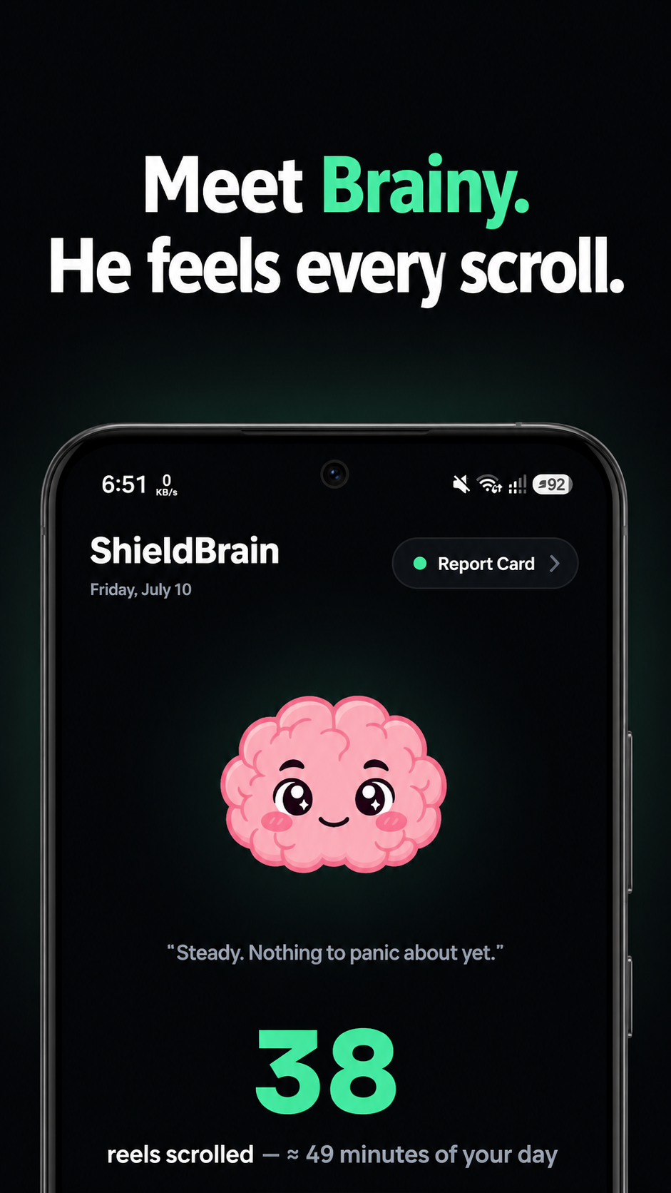 Brainy, ShieldBrain's pink brain mascot, above today's reel count
