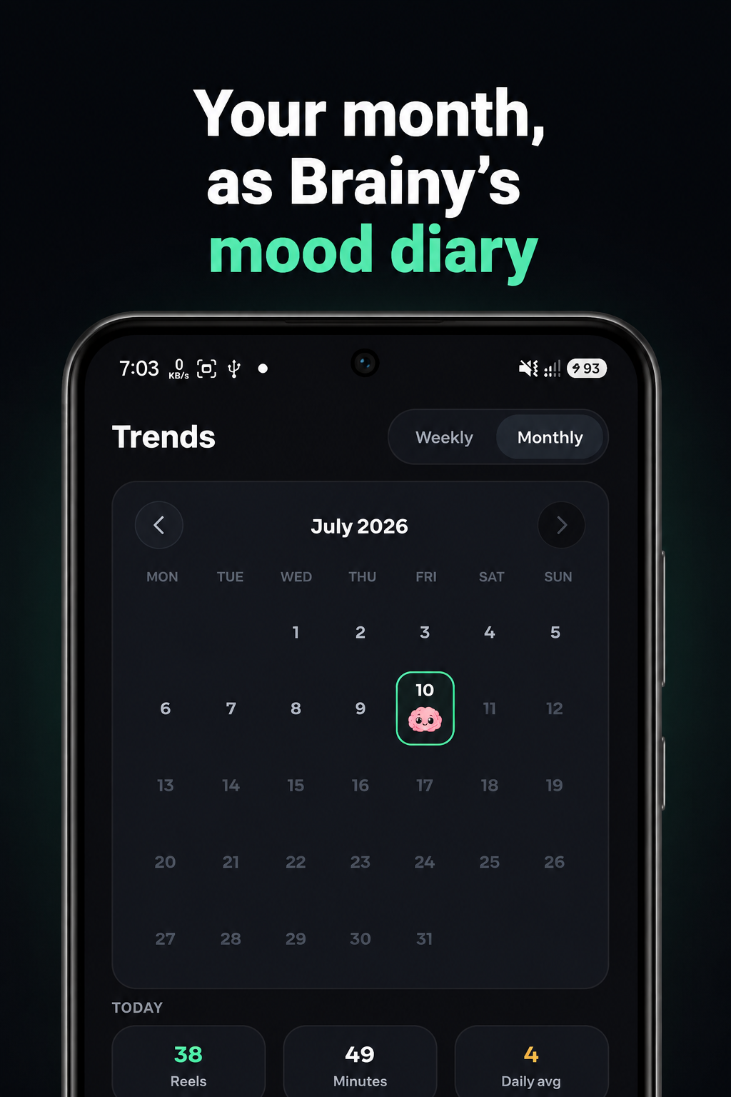 ShieldBrain monthly calendar showing Brainy's mood for each day of July 2026