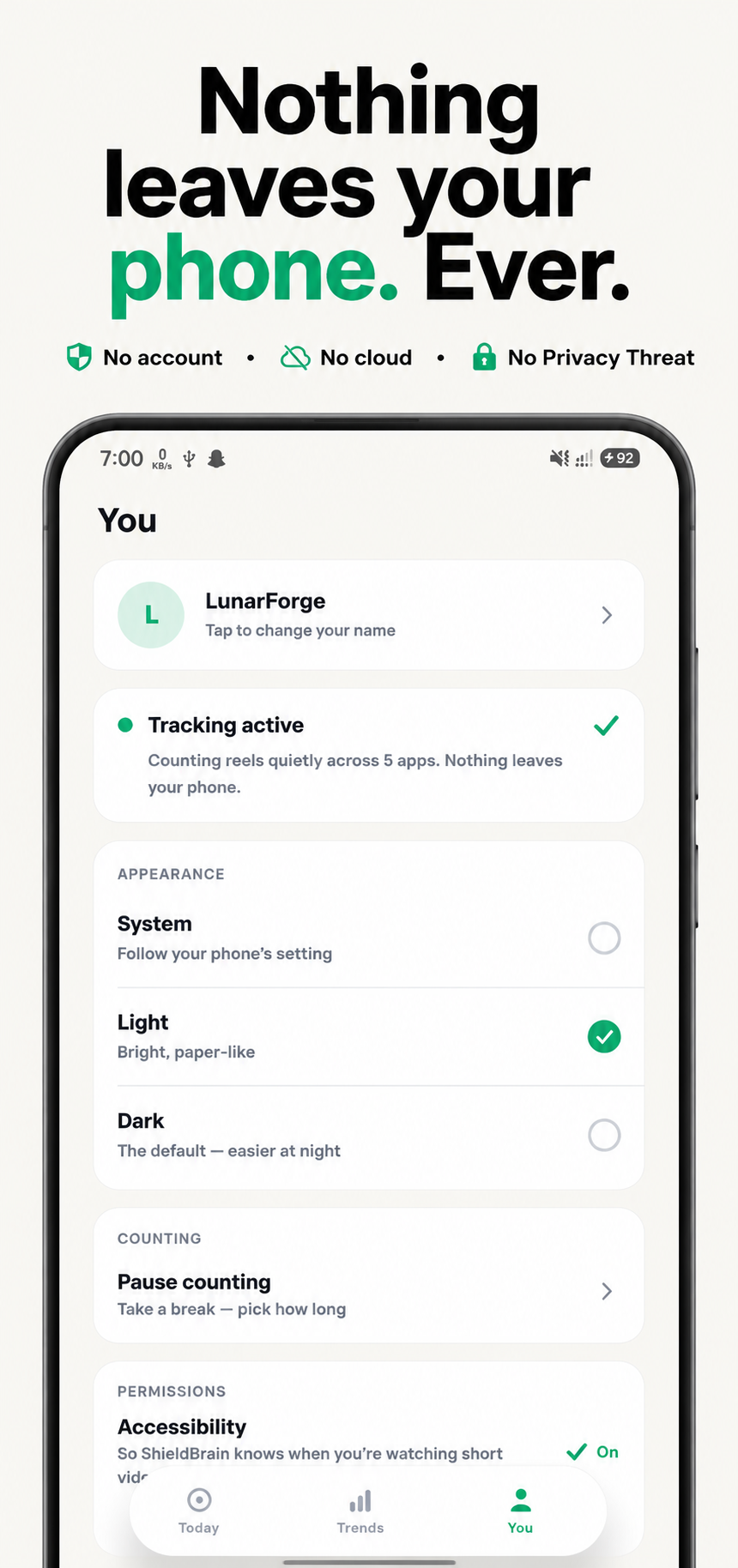 ShieldBrain settings in light mode: no account, no cloud, tracking runs on-device
